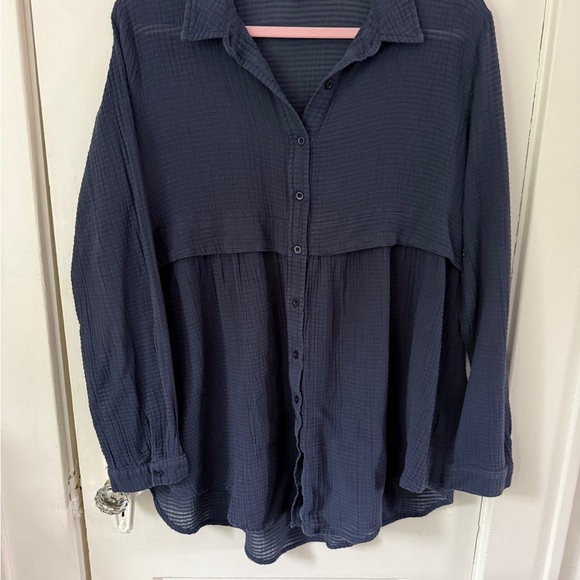 Mystree Navy Button Down Shirt with Drop Babydoll Waist Women’s Medium - Picture 1 of 7